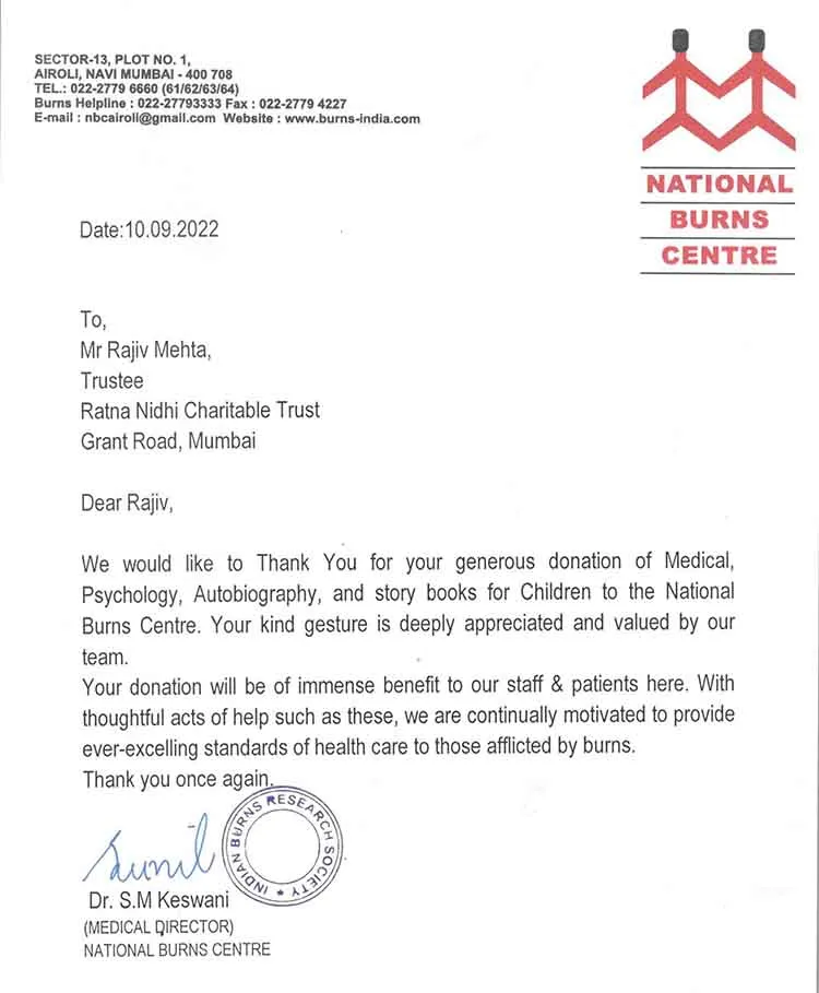 Letter of Thanks Receiving Medical, Psychology, Autobiography and Story Books for Children